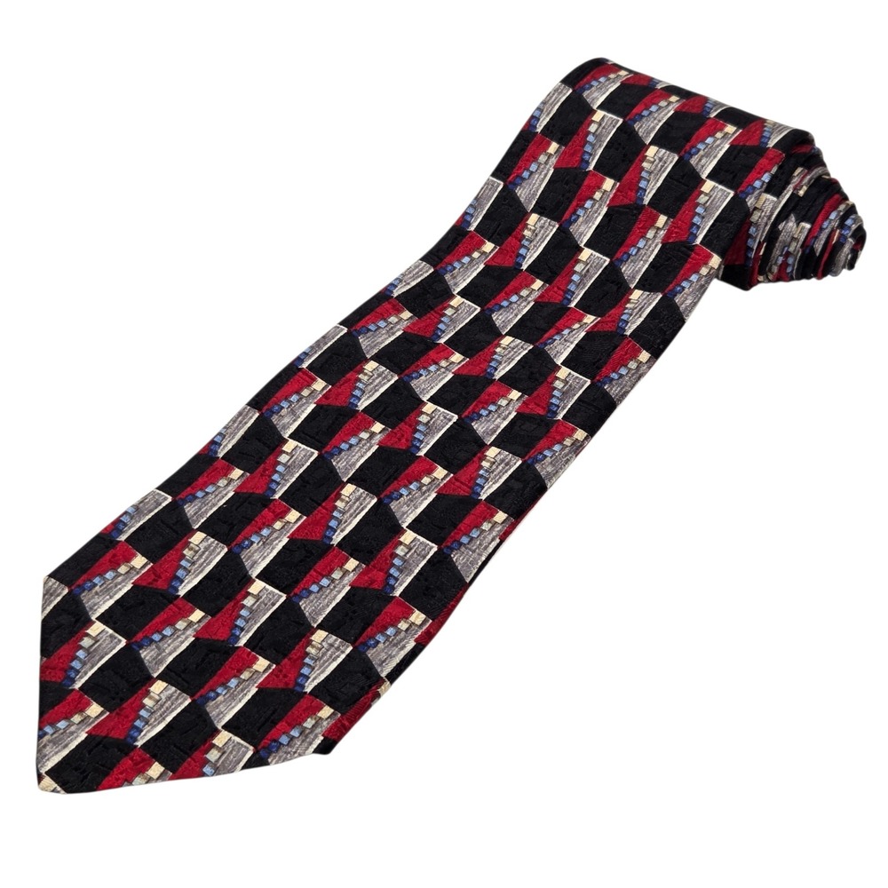 Ermenegildo Zegna Tie Mens Red Black Geometric Silk Italian Designer Necktie